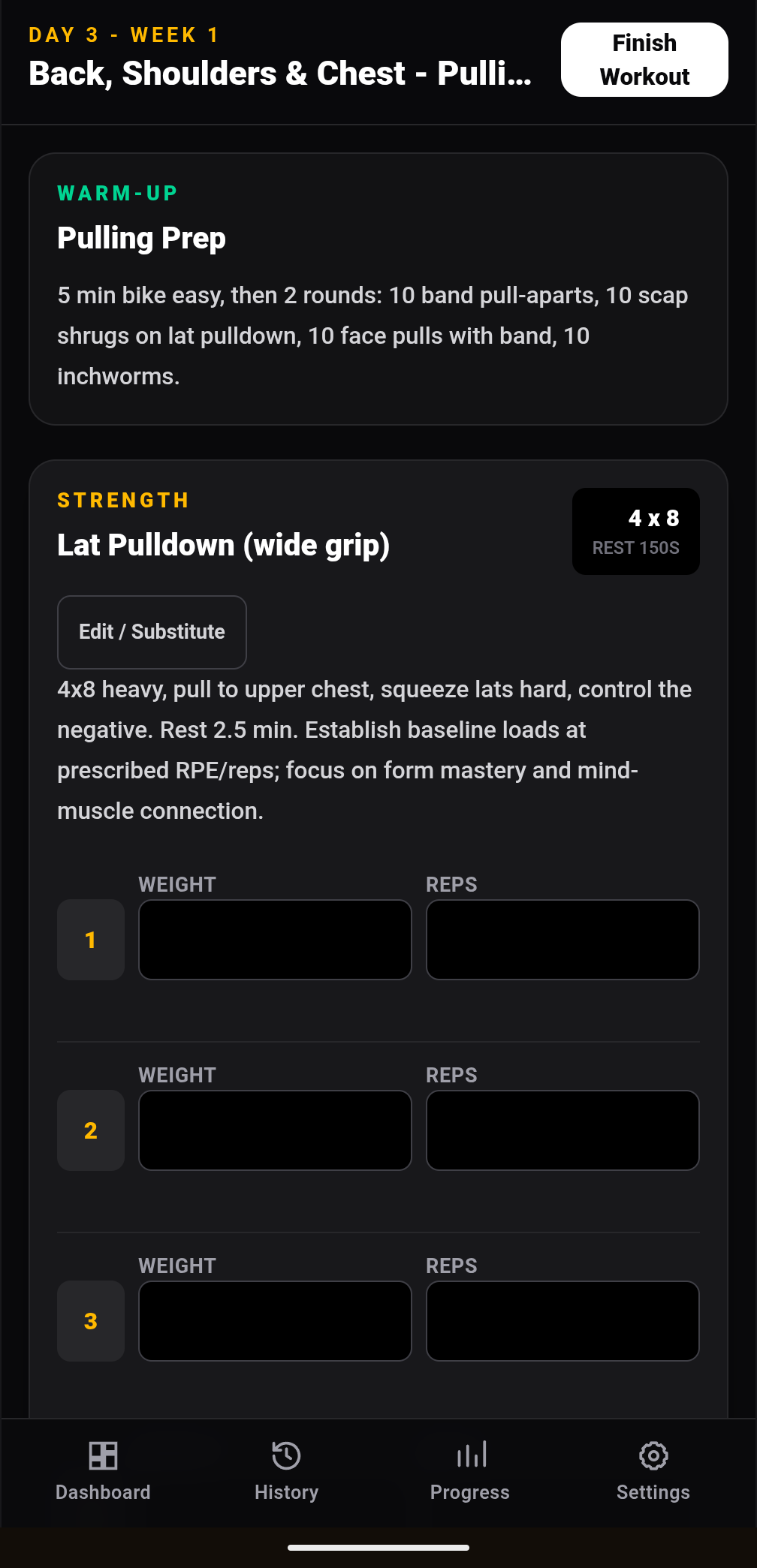 Buffalo Hustle set-logging screen with weight and reps fields for each set of a lat pulldown