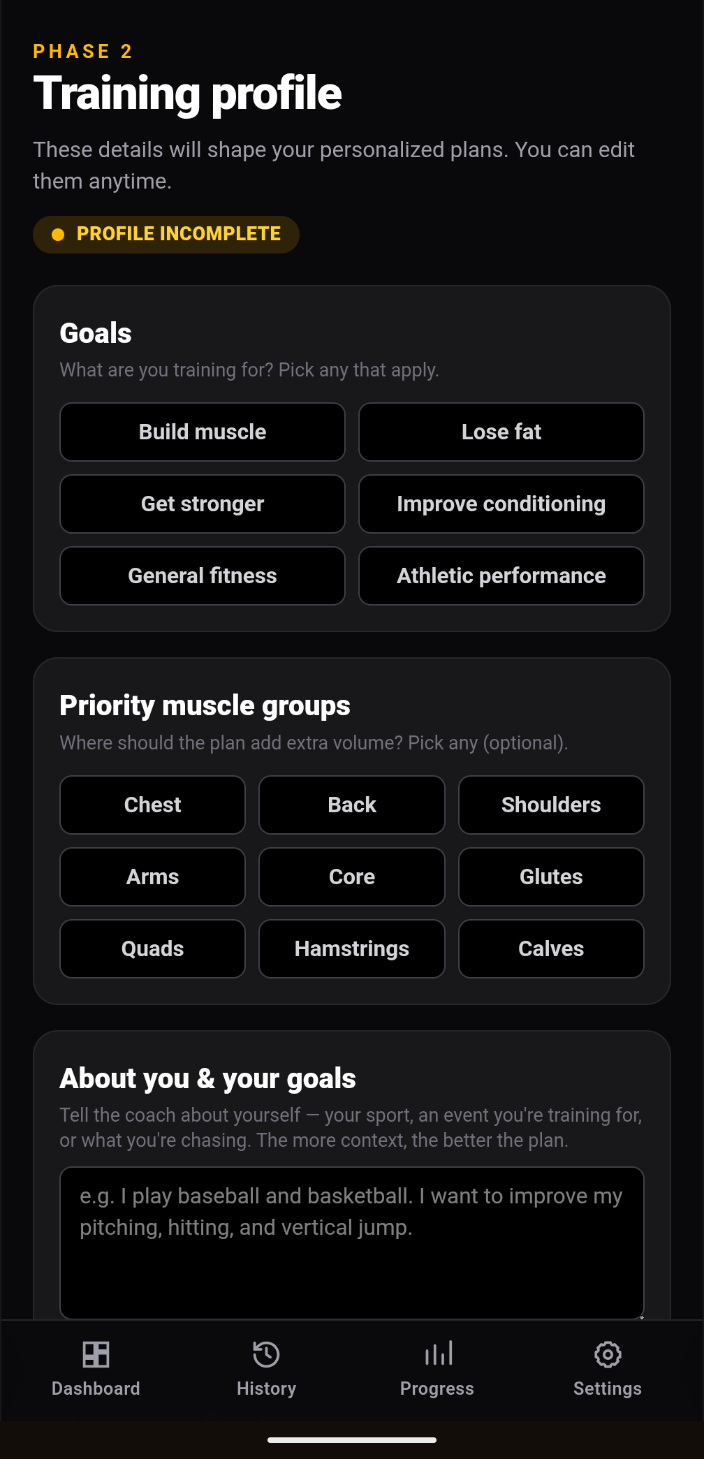 Buffalo Hustle profile screen listing the athlete's goals and logged equipment inventory